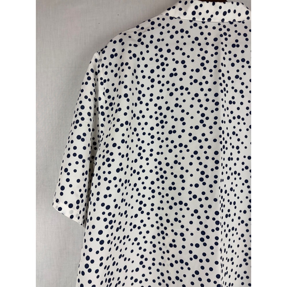 Polka Dot Button Down Short Sleeve Camp Collar Shirt White Navy Blue Blouse - Picture 8 of 13